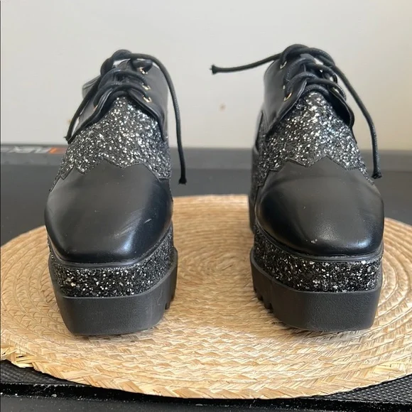 Black Glitter Platform Oxford  Funky Shoes Size 38 - Picture 3 of 14